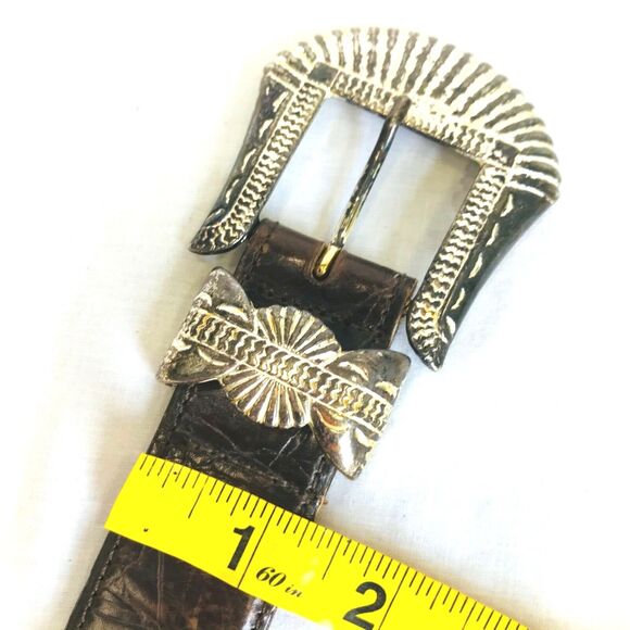 Zele Croc Skinny Belt Alligator Embossed Leather Brown S M Silver Buckle 24-29in - Picture 4 of 11